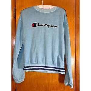 Champion Women Crewneck Sweatshirt XS Blue Cold Shoulder Logo Long Sleeve